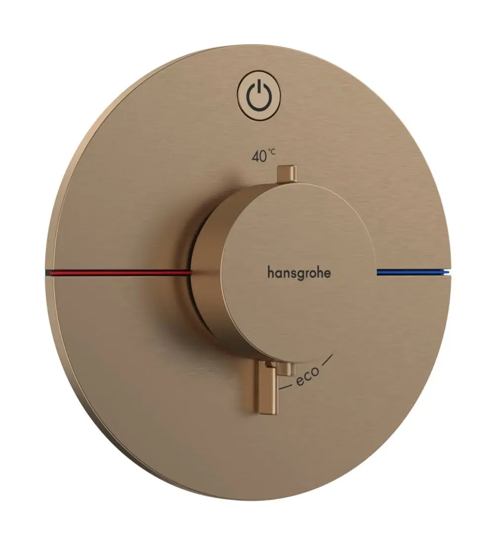 Thermostat von Hansgrohe in gebürstetem Bronze-Finish. Rundes Design mit Temperaturanzeige, Eco-Funktion und rotblauer Temperaturmarkierung.